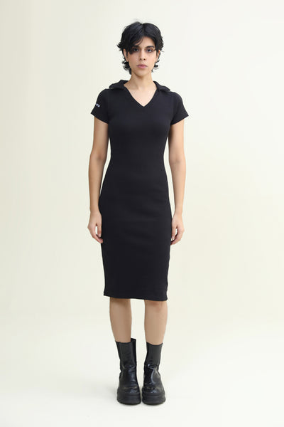 RIBBED V NECK DRESS