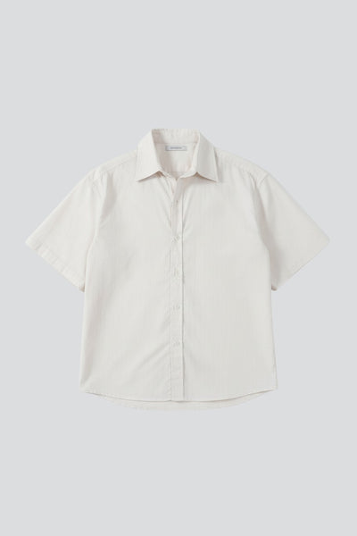 RAA-AY unisex off-white 100% cotton boxy fit bowler shirt with subtle textured pattern on shoulders and vertical stripes.