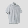 raa-ay white and blue striped cotton boxy fit short sleeve bowler shirt.