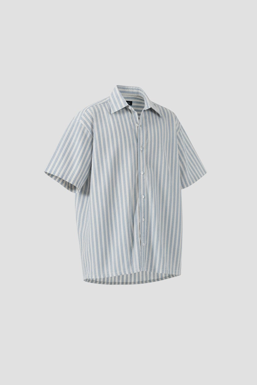 raa-ay white and blue striped cotton boxy fit short sleeve bowler shirt.